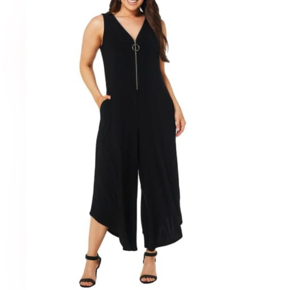Sami & Jo Black Sleeveless Wide Leg Zip Front Stretch Knit Jumpsuit Size 3X
